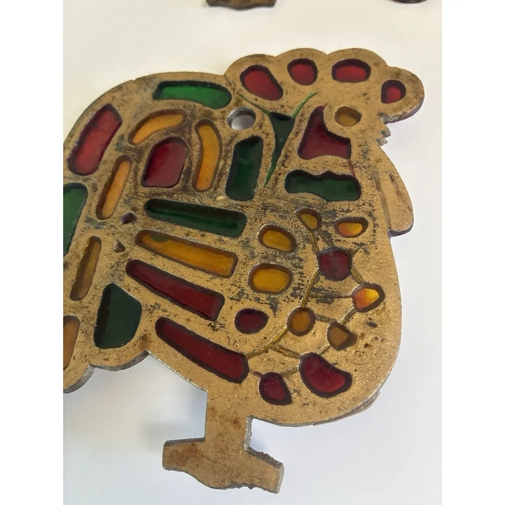 Rooster Trivet Cast Iron Stained Glass Gold‎ Tone Colorful Vintage (2)